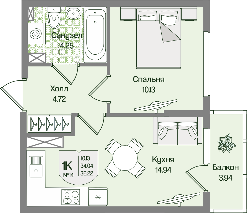 Планировка 1-комн. 35.22 м²