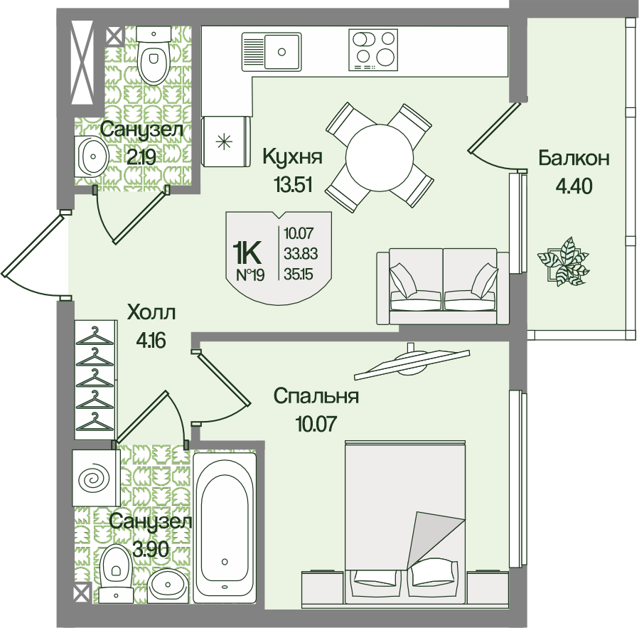 Планировка 1-комн. 35.15 м²