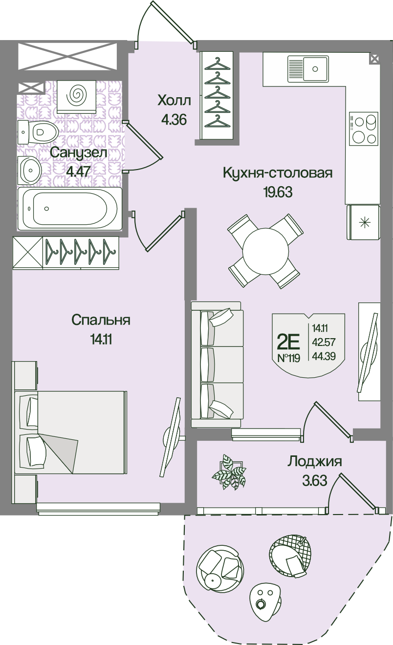 Планировка 1-комн. 44.38 м²