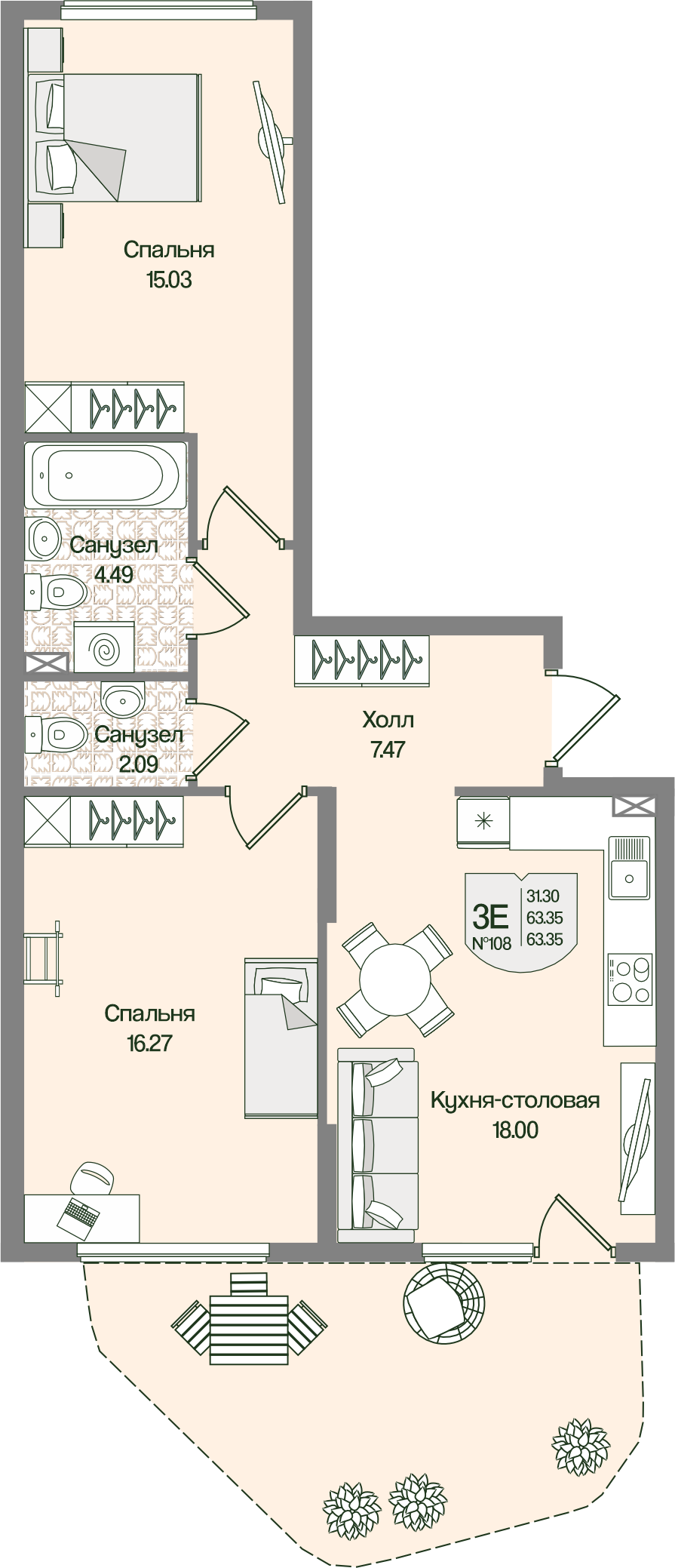 Планировка 2-комн. 63.35 м²