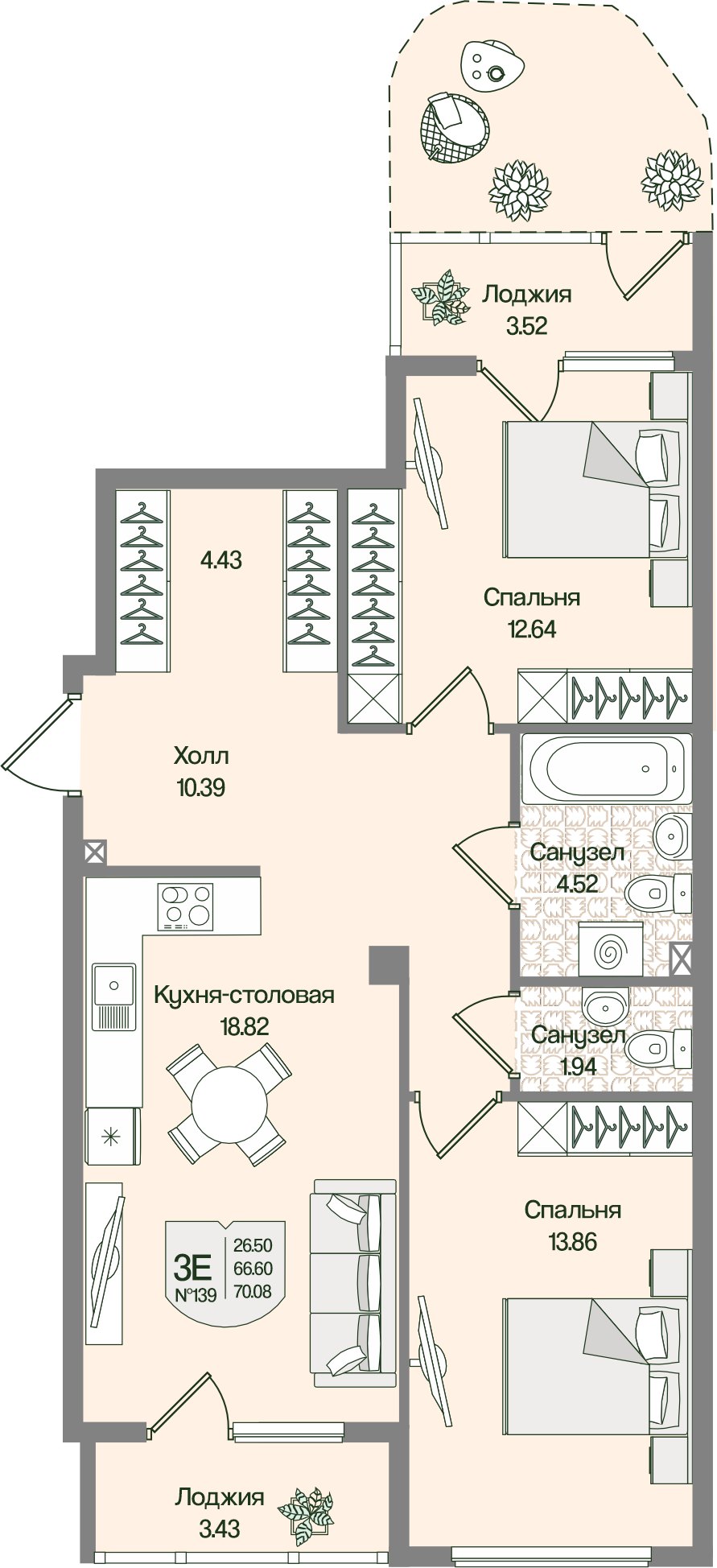 Планировка 2-комн. 70.07 м²