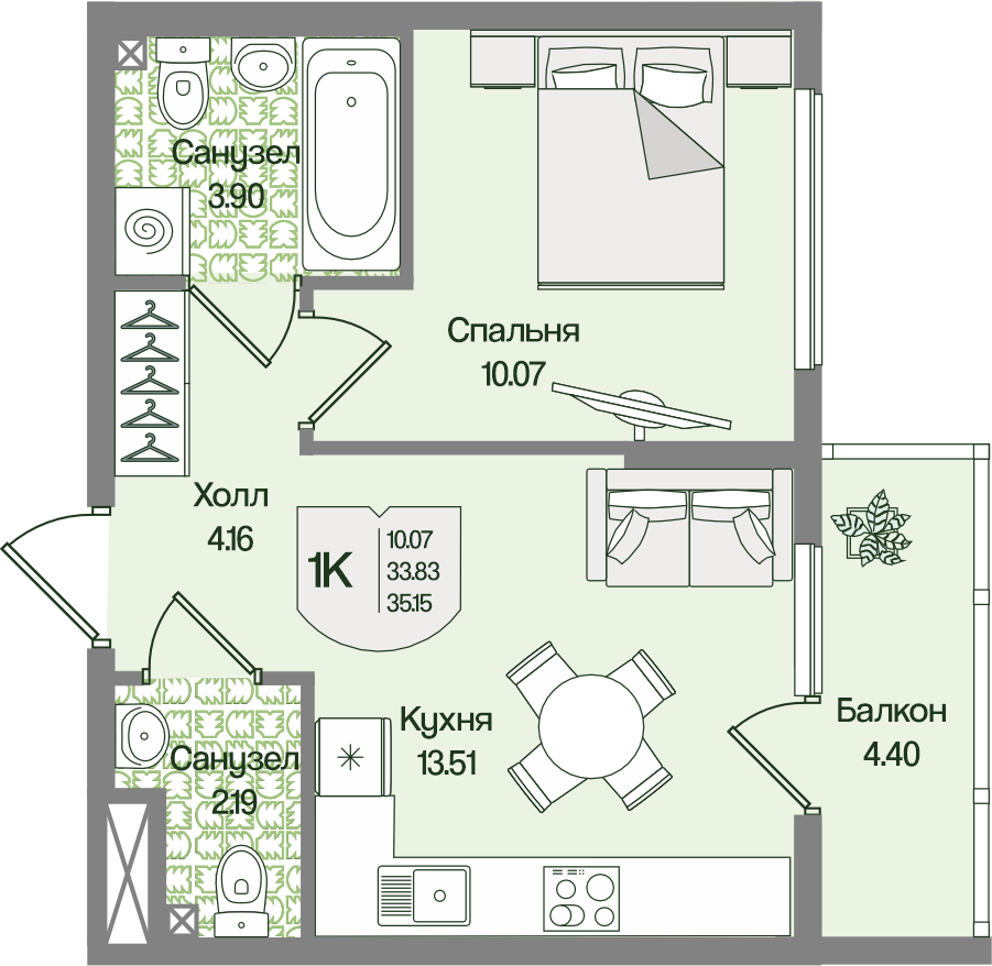 Планировка 1-комн. 35.15 м²