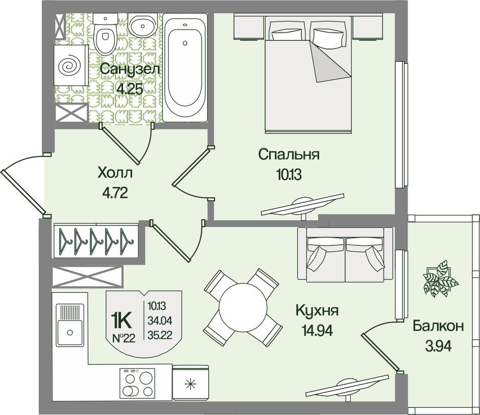 Планировка 1-комн. 35.22 м²