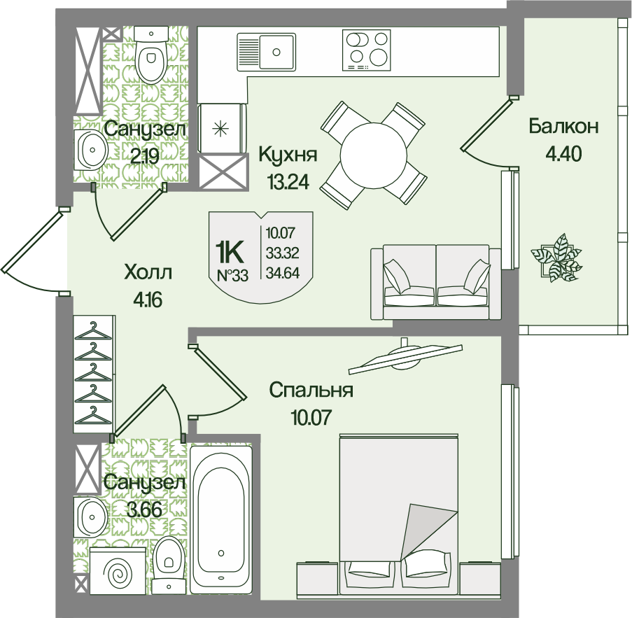 Планировка 1-комн. 34.64 м²