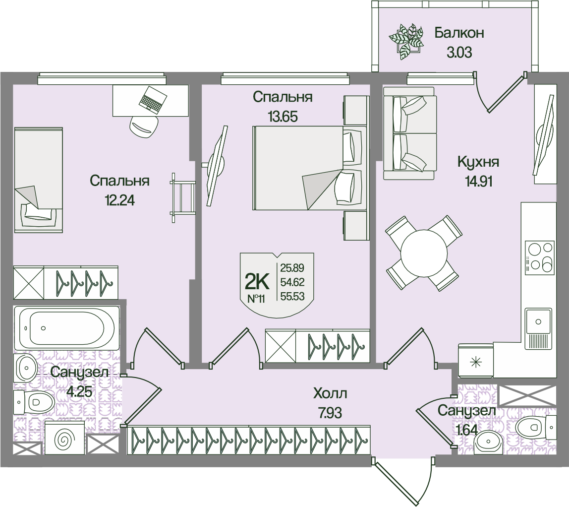 Планировка 2-комн. 55.53 м²