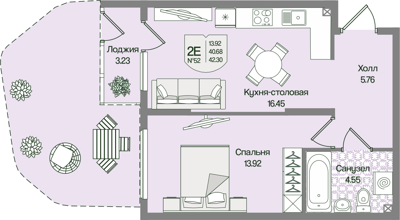 Планировка 1-комн. 42.29 м²