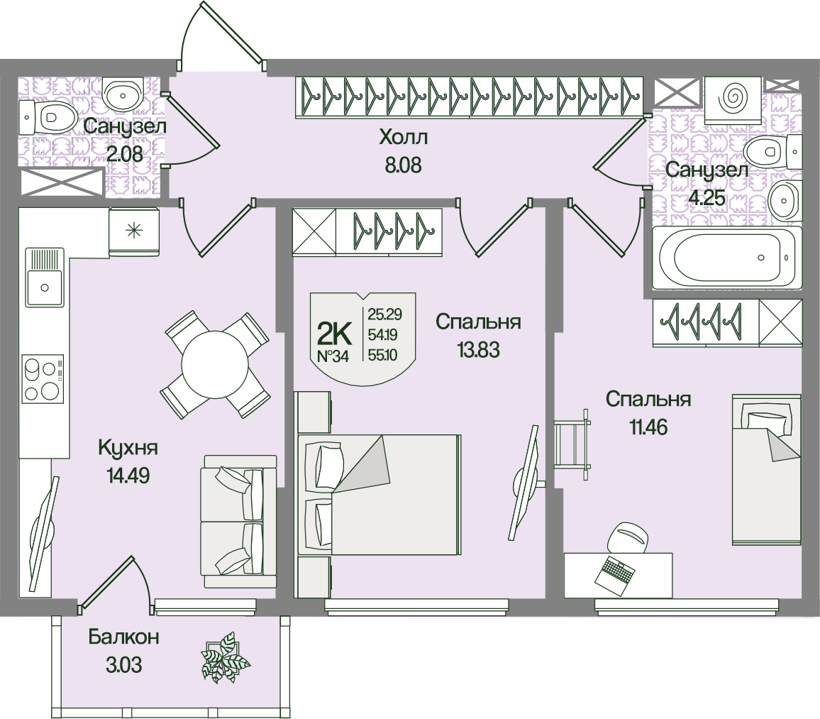 Планировка 2-комн. 55.1 м²