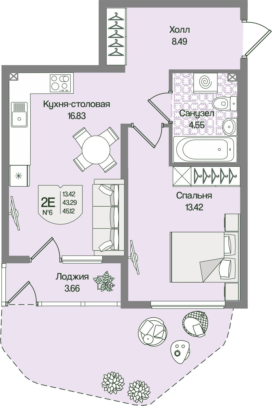 Планировка 1-комн. 45.12 м²