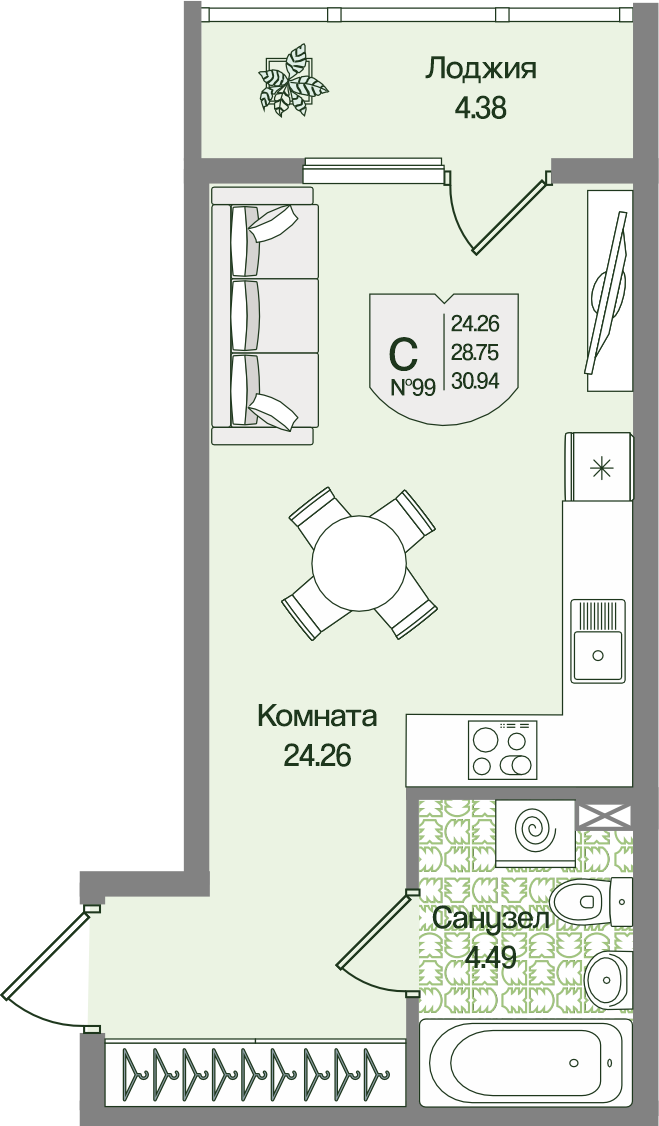 Планировка Студия 30.94 м²