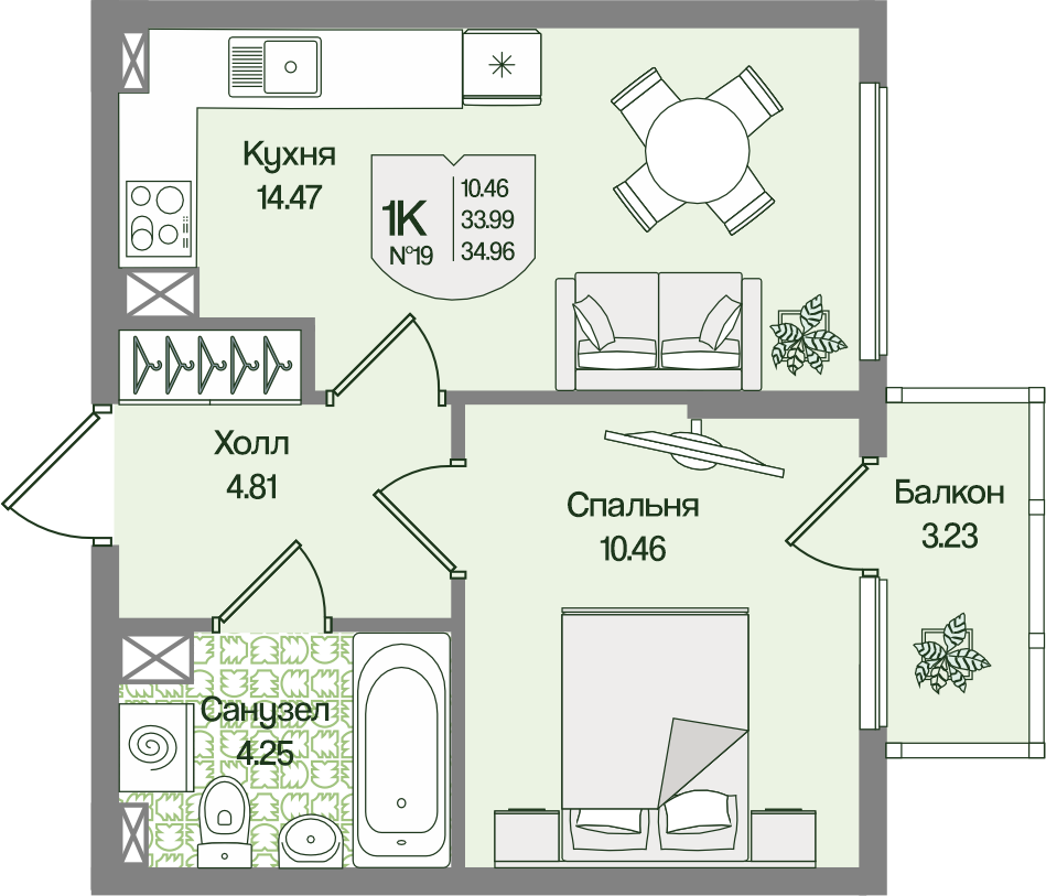 Планировка 1-комн. 34.96 м²