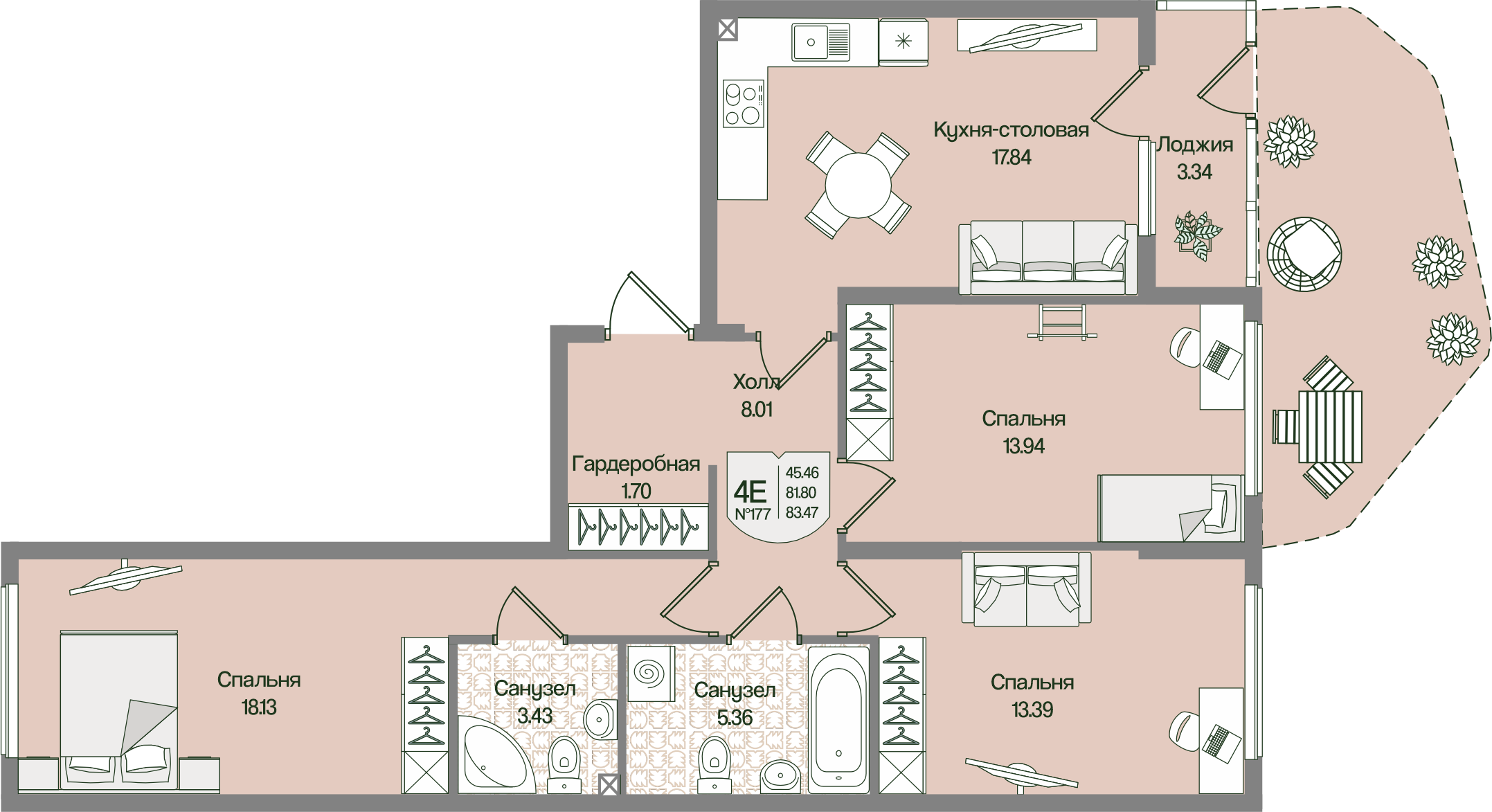 Планировка 3-комн. 83.47 м²