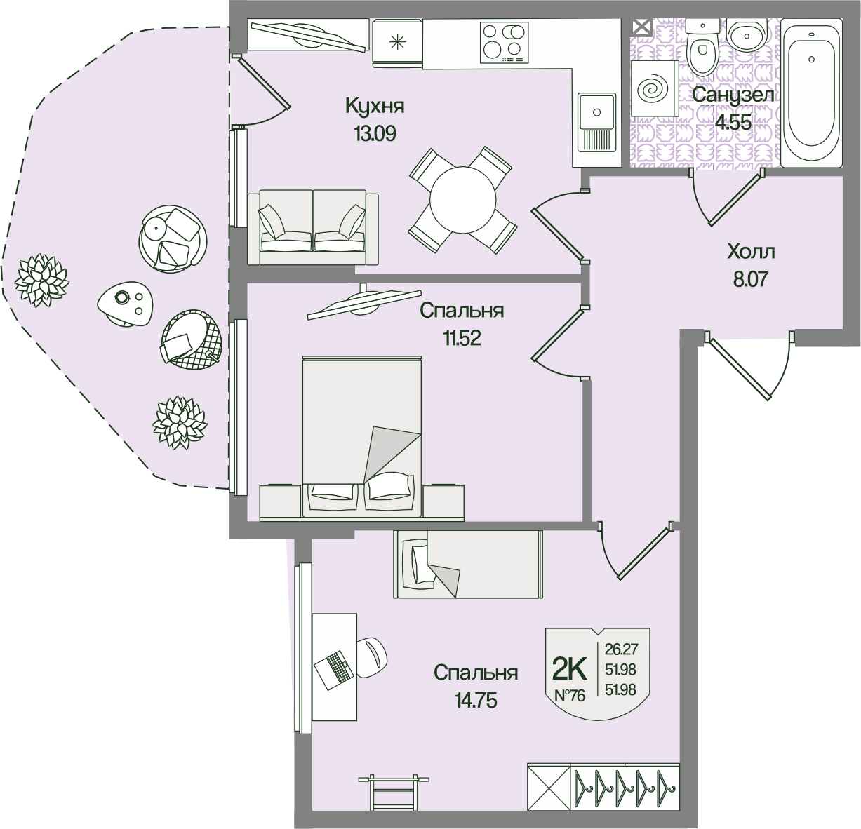 Планировка 2-комн. 51.98 м²