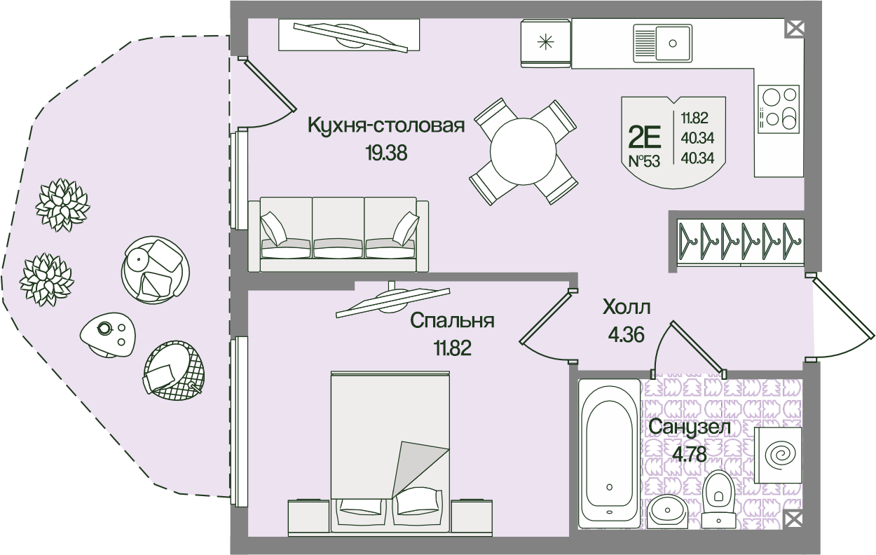 Планировка 1-комн. 40.34 м²