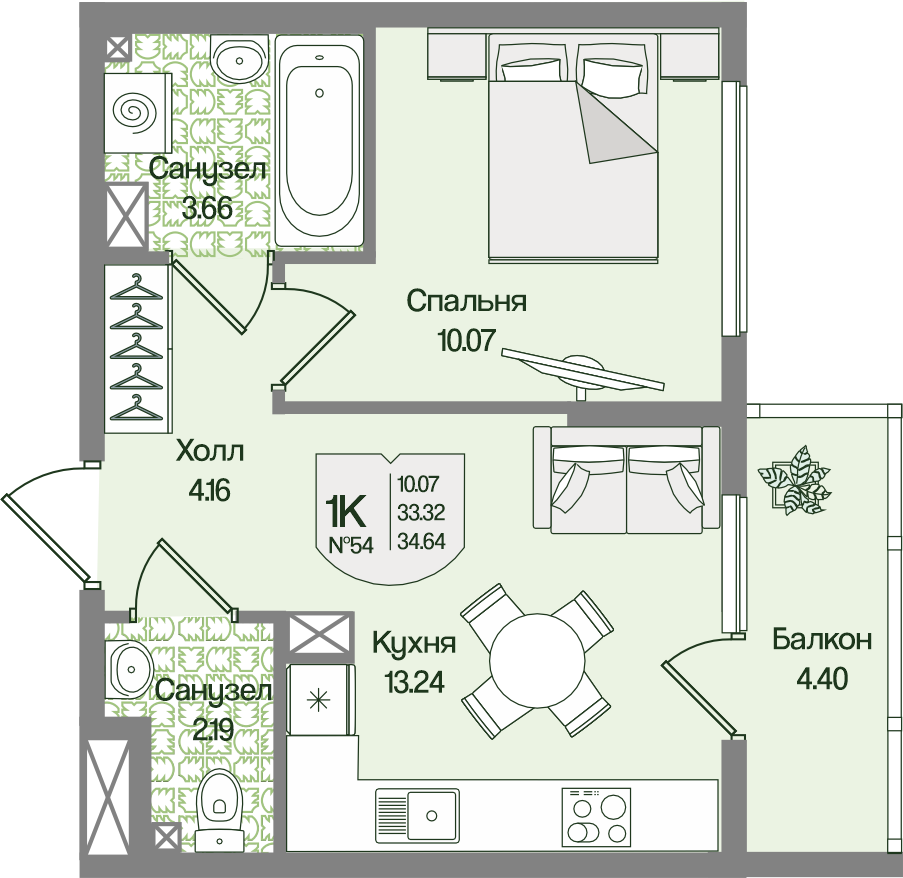 Планировка 1-комн. 34.64 м²
