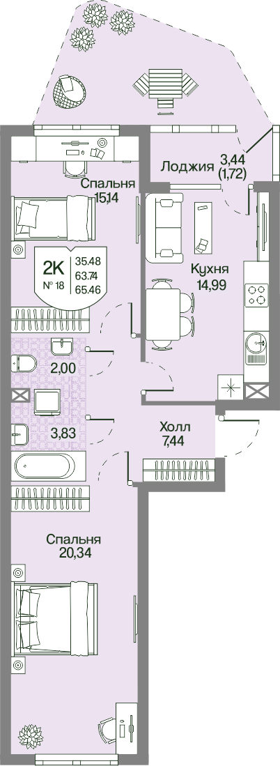 Планировка 2-комн. 65.46 м²