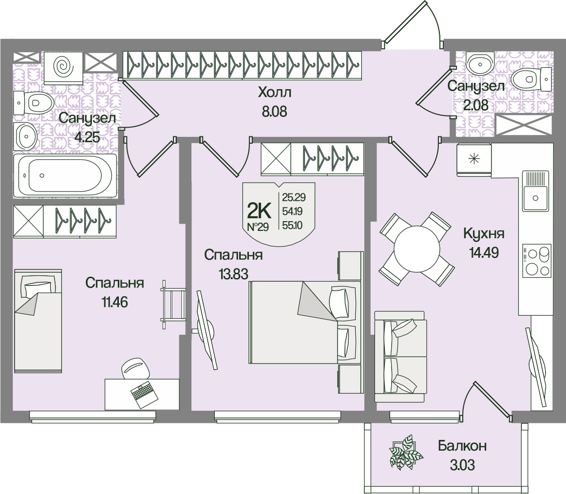 Планировка 2-комн. 55.1 м²