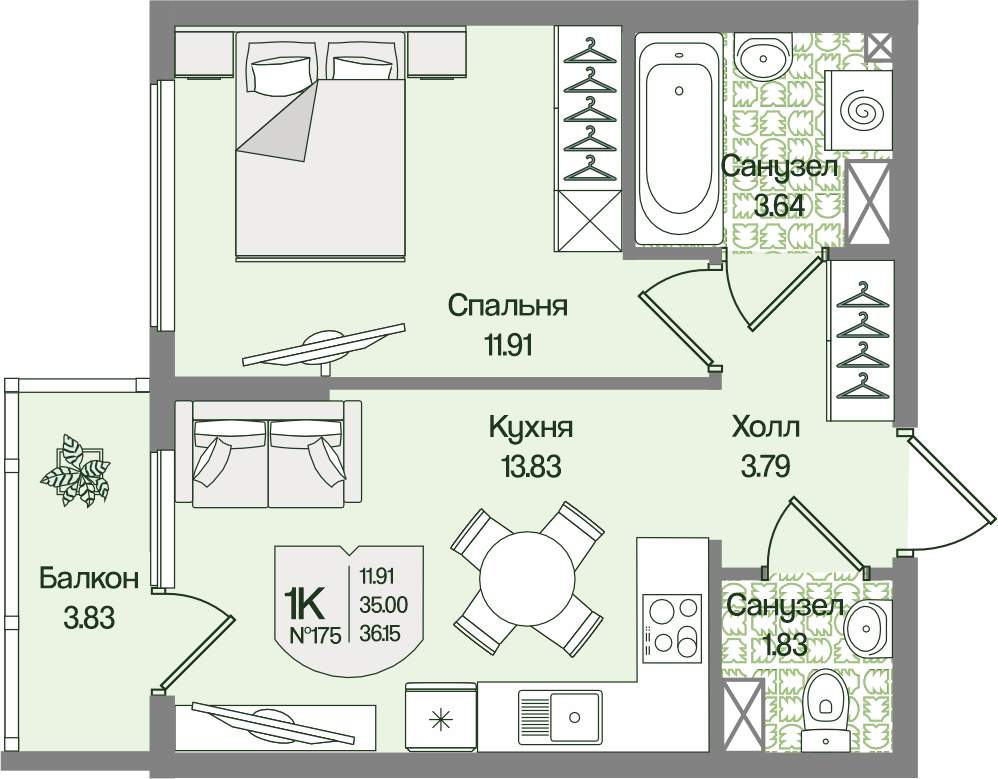 Планировка 1-комн. 36.14 м²