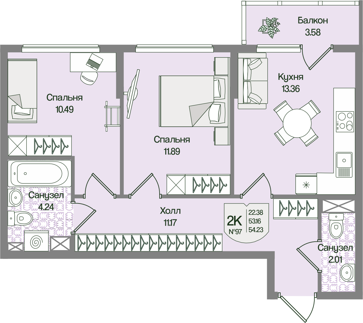 Планировка 2-комн. 54.23 м²