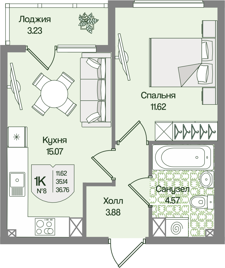Планировка 1-комн. 36.75 м²