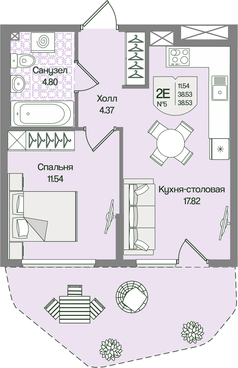 Планировка 1-комн. 38.53 м²