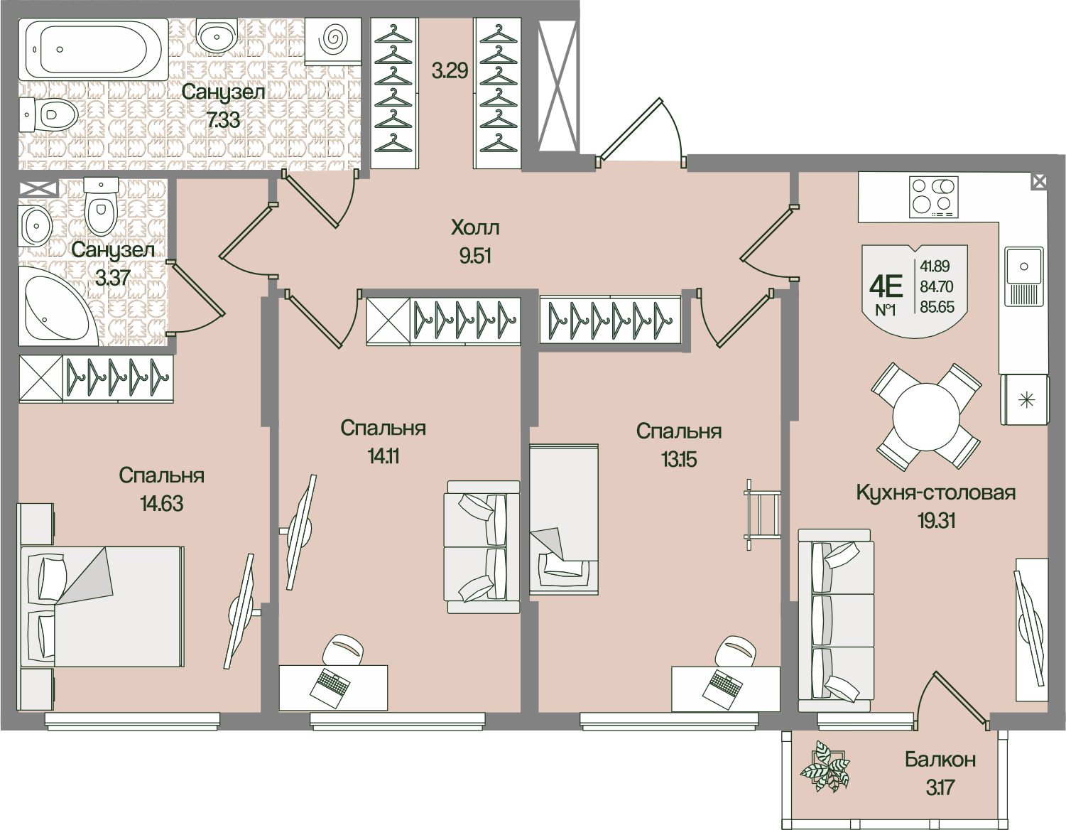 Планировка 3-комн. 85.65 м²
