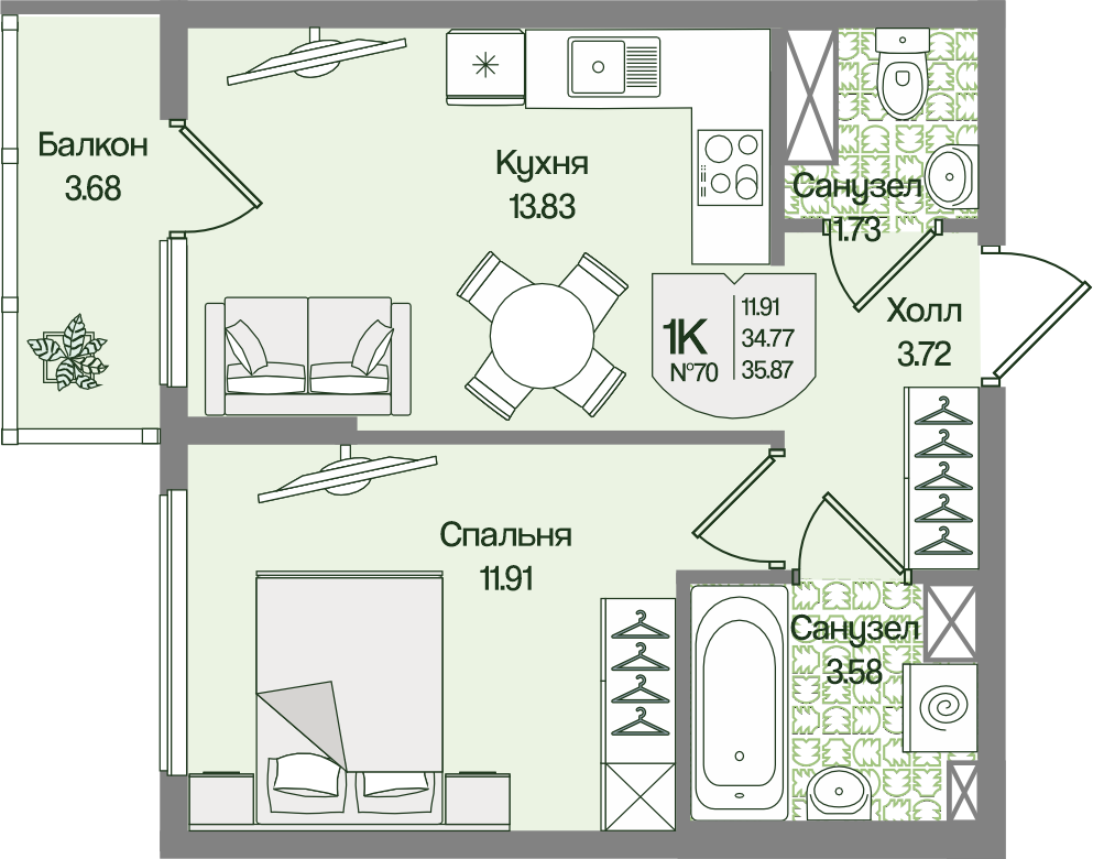 Планировка 1-комн. 35.87 м²
