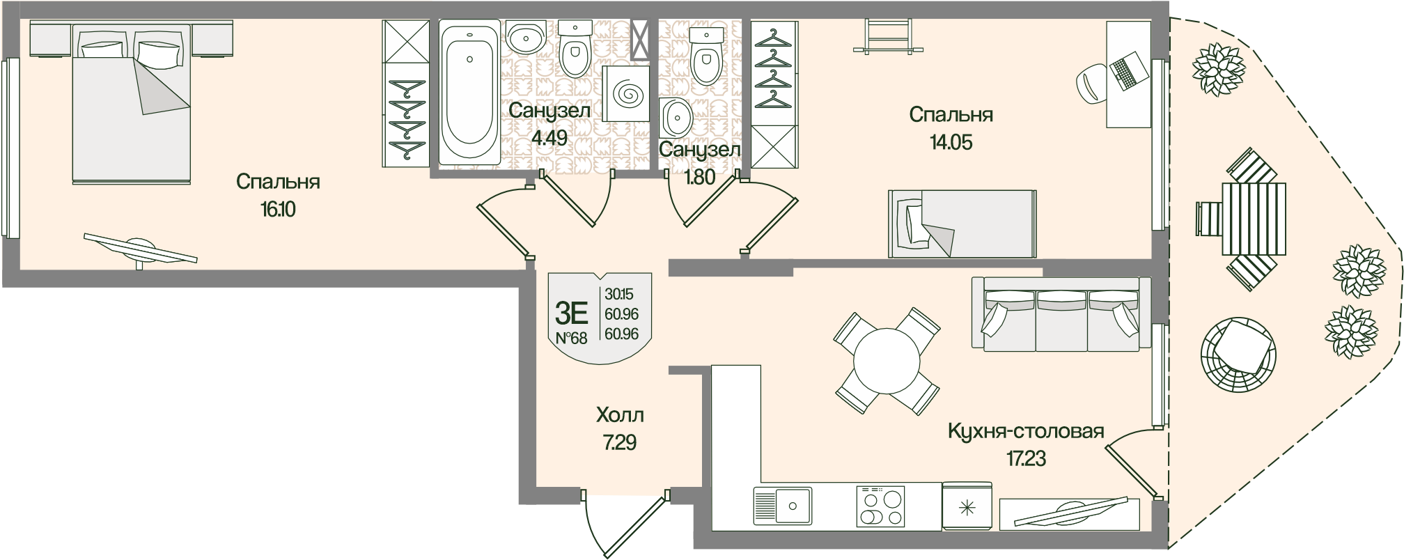 Планировка 2-комн. 60.96 м²