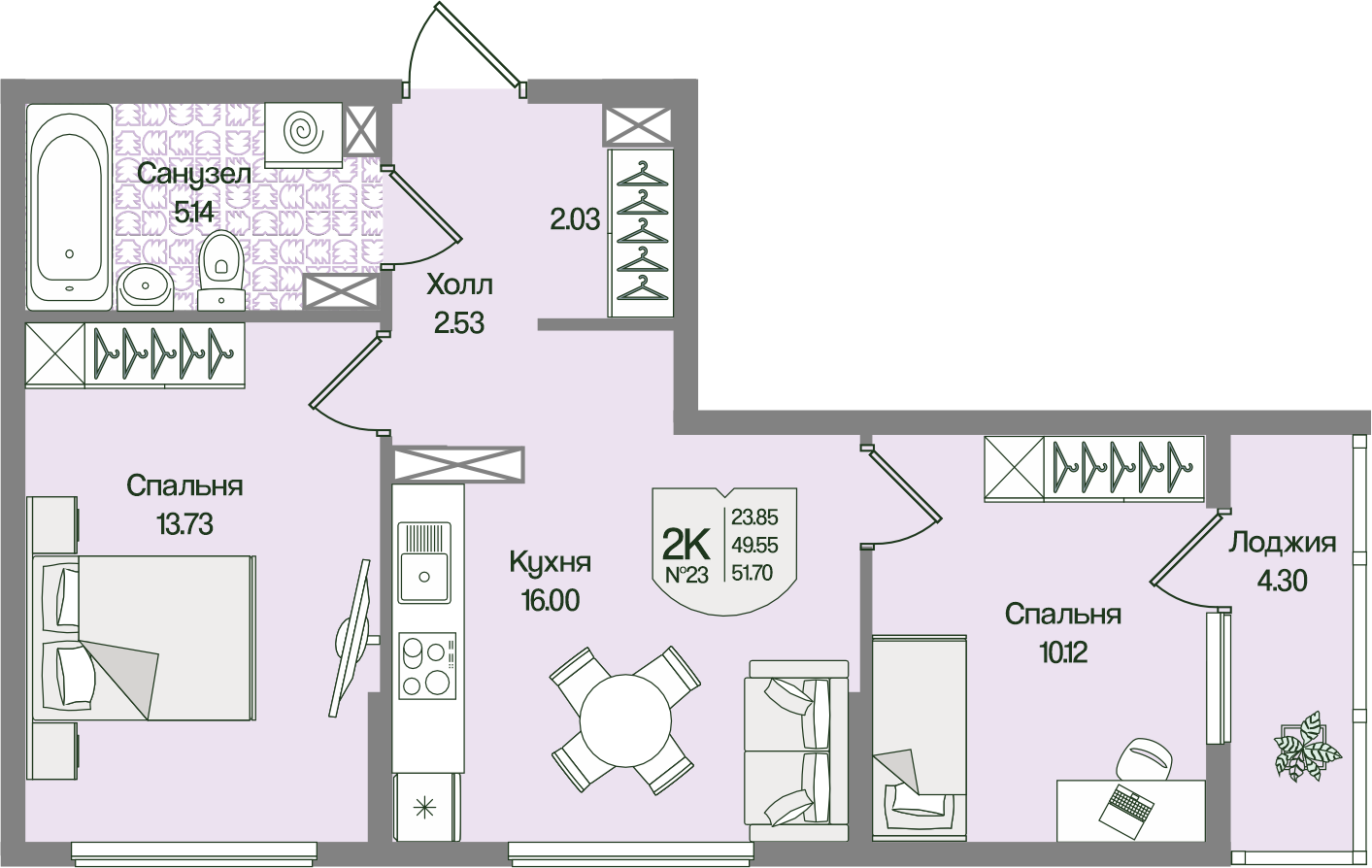 Планировка 2-комн. 51.7 м²