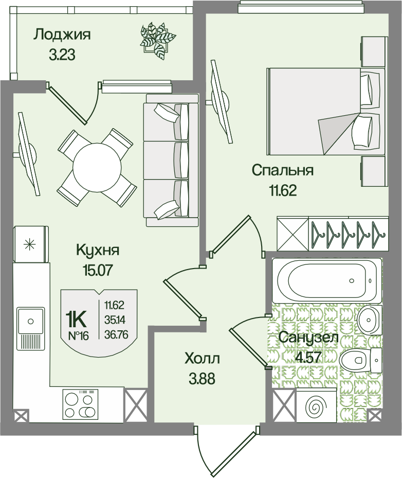 Планировка 1-комн. 36.75 м²