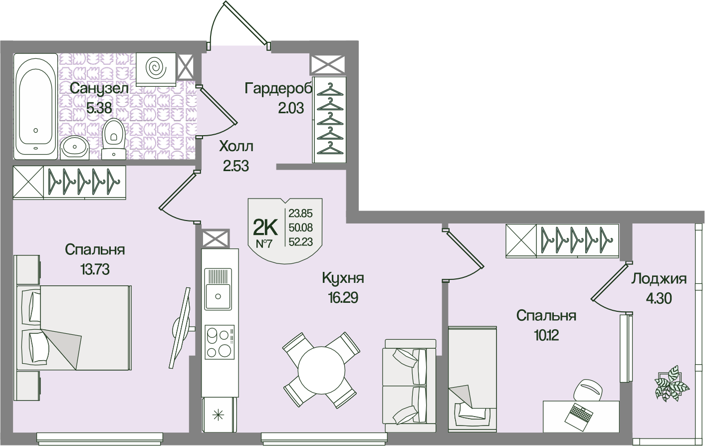 Планировка 2-комн. 52.23 м²