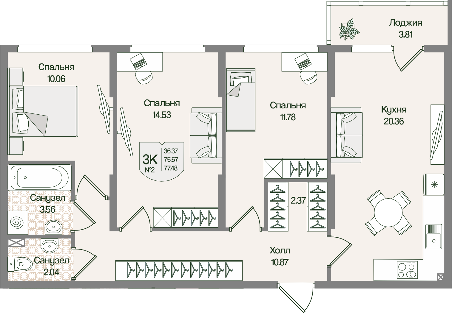 Планировка 3-комн. 77.47 м²
