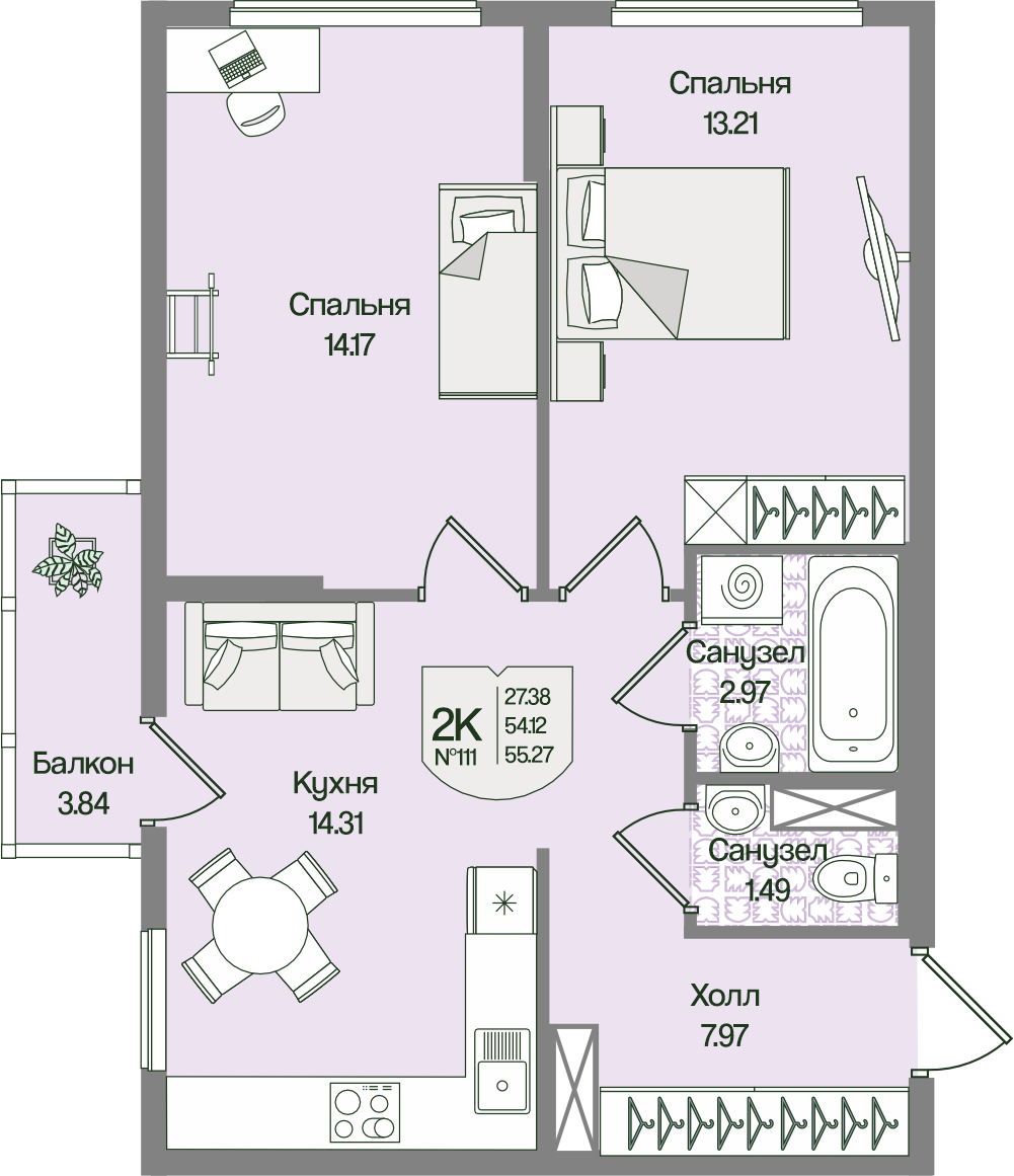 Планировка 2-комн. 55.27 м²