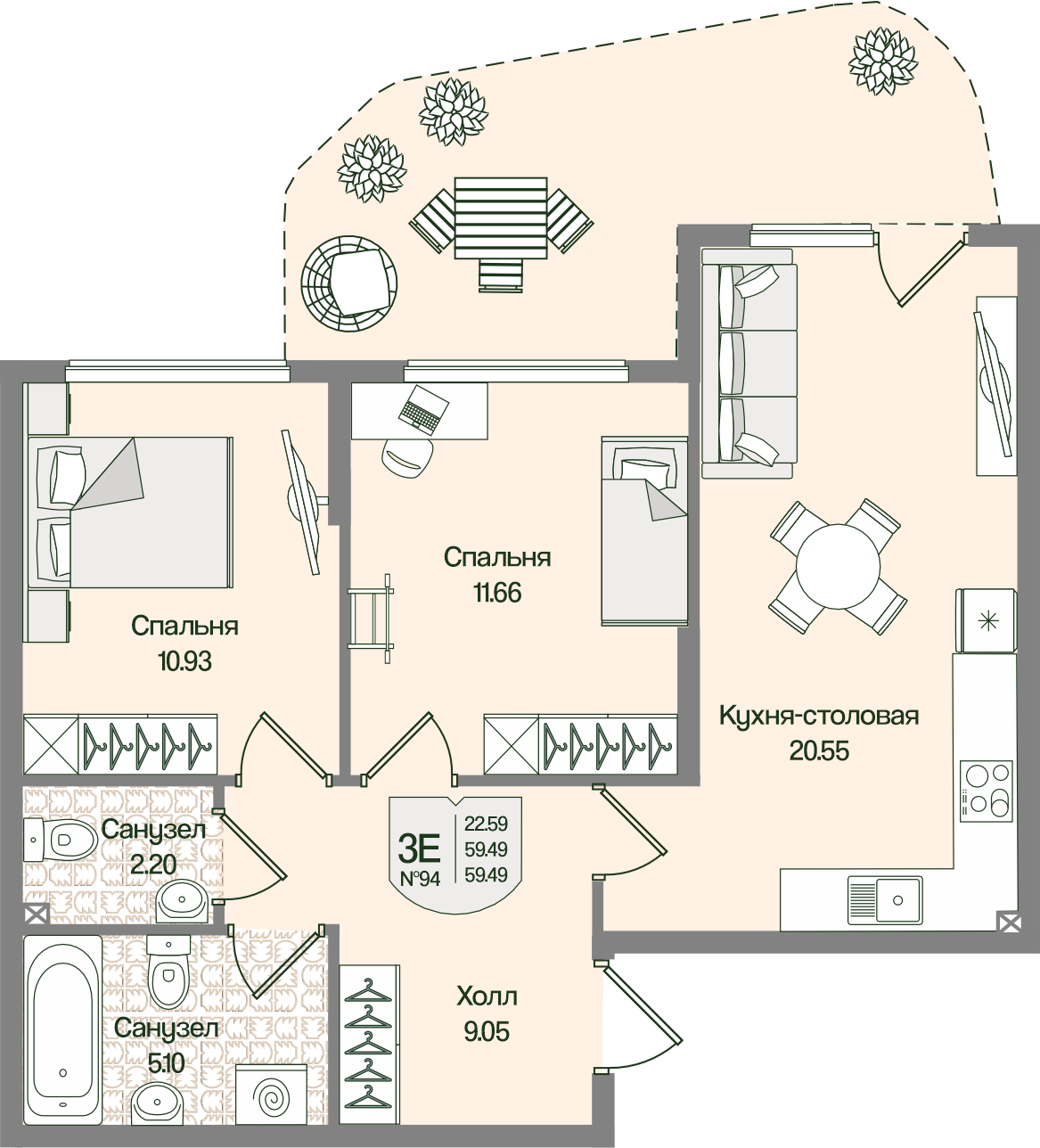 Планировка 2-комн. 59.49 м²