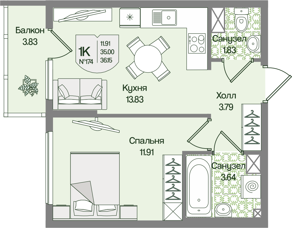 Планировка 1-комн. 36.14 м²