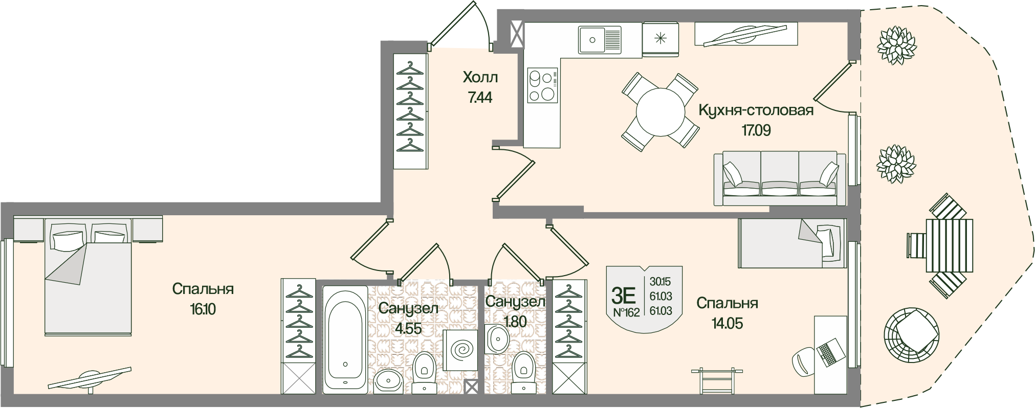 Планировка 2-комн. 61.03 м²