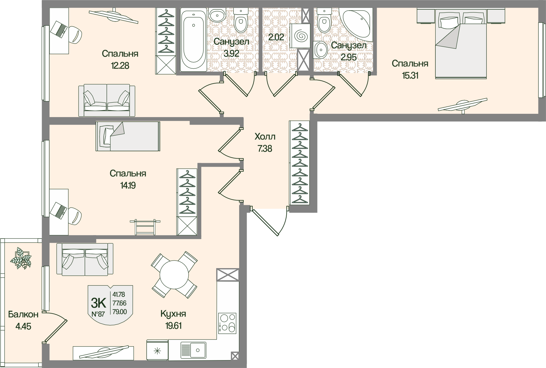Планировка 3-комн. 78.99 м²