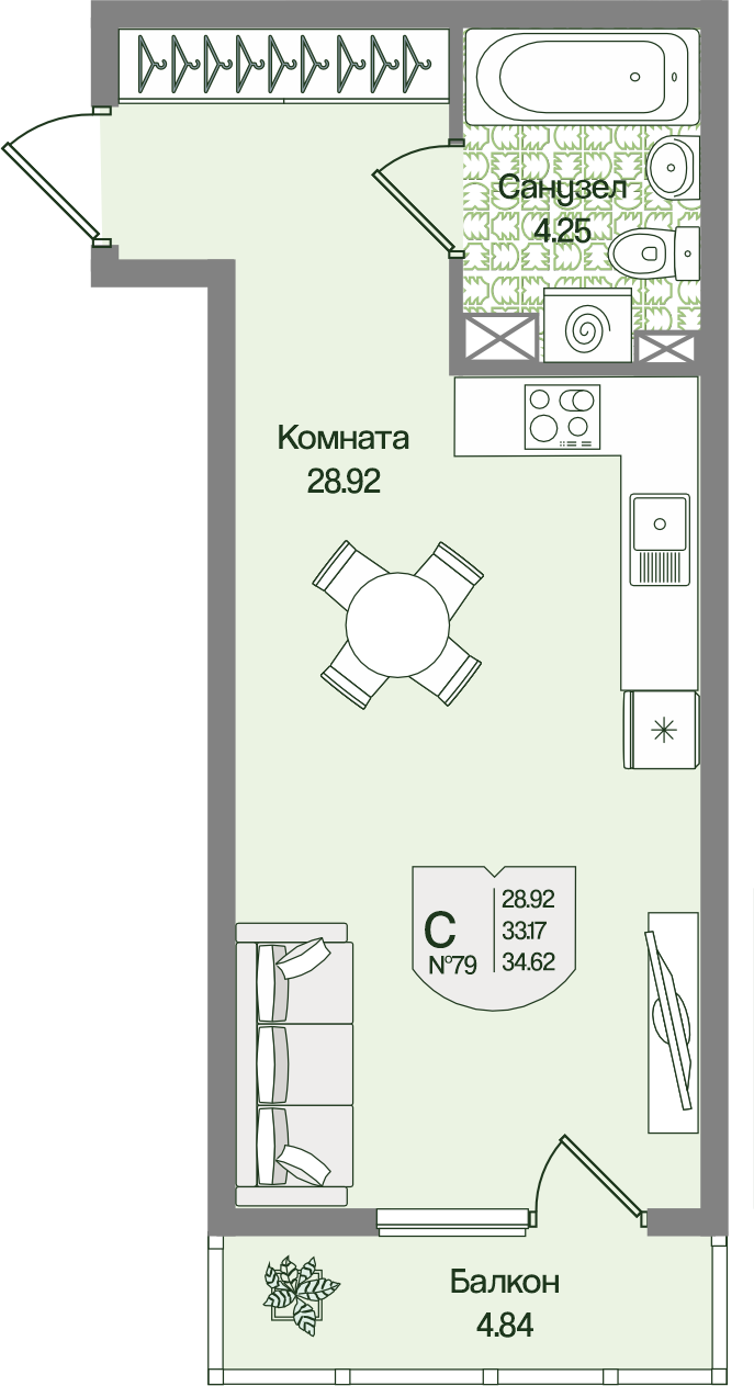 Планировка Студия 34.62 м²