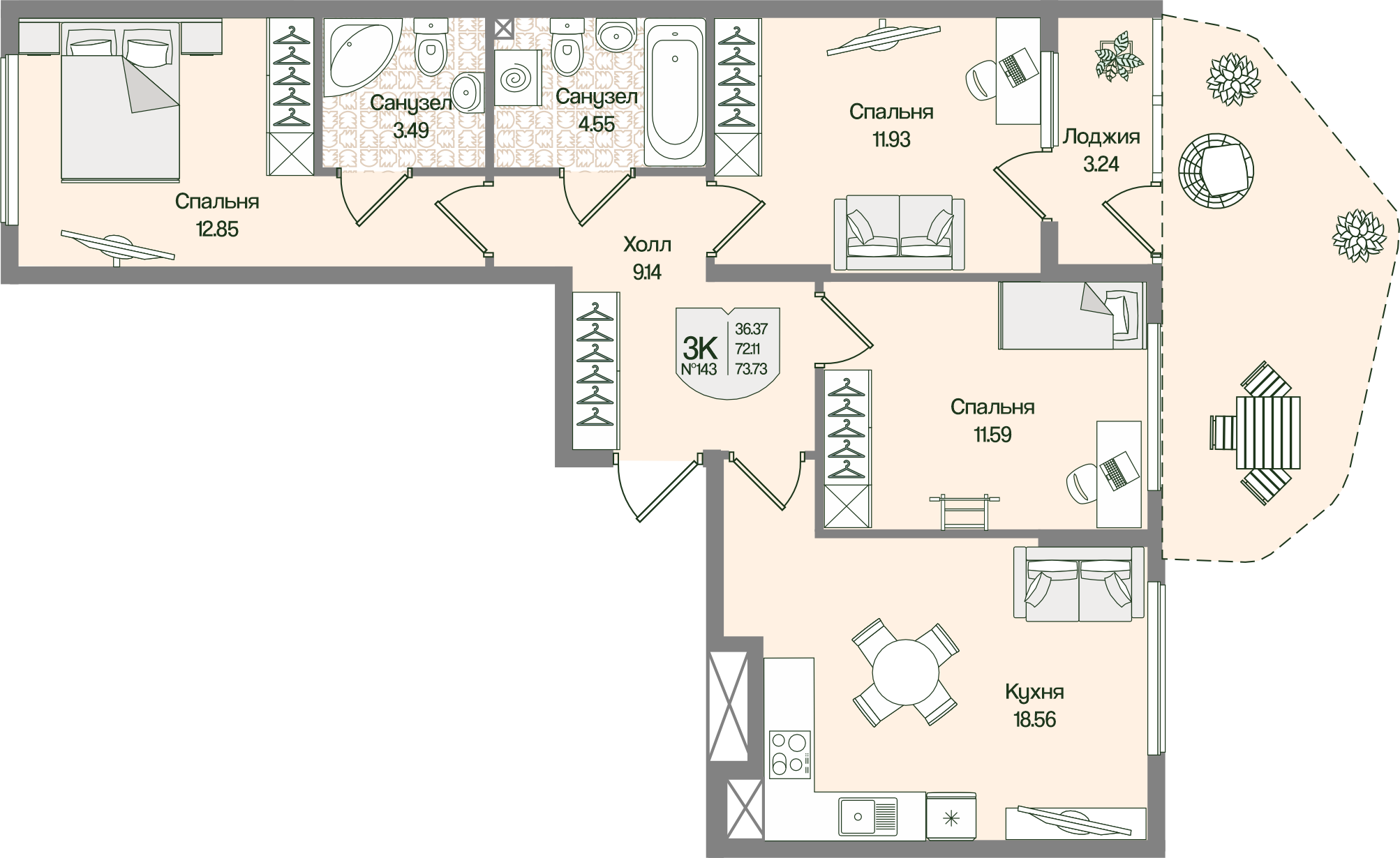Планировка 3-комн. 73.73 м²