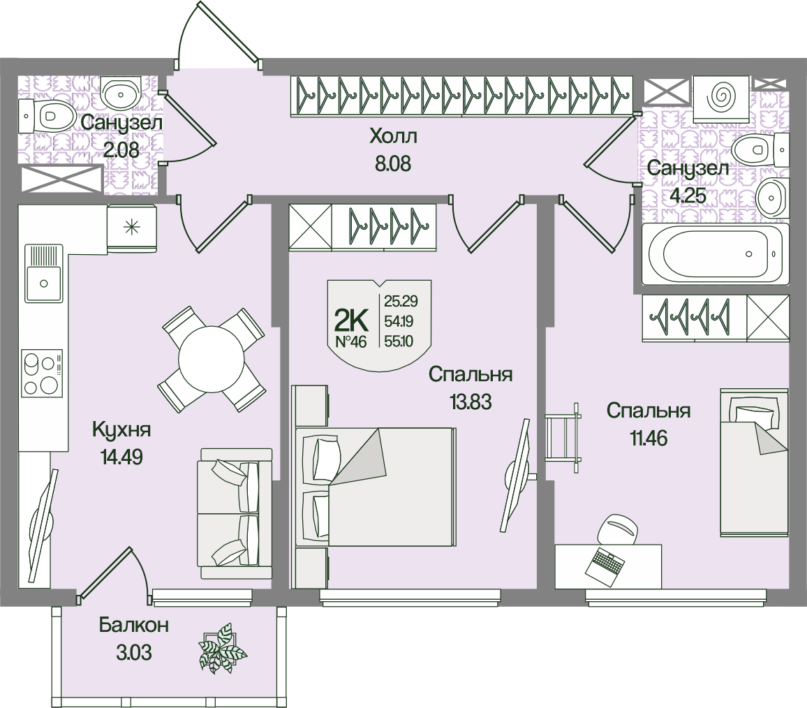 Планировка 2-комн. 55.1 м²