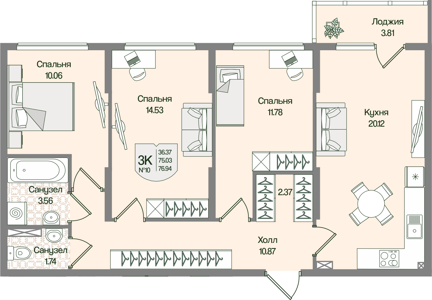 Планировка 3-комн. 76.93 м²