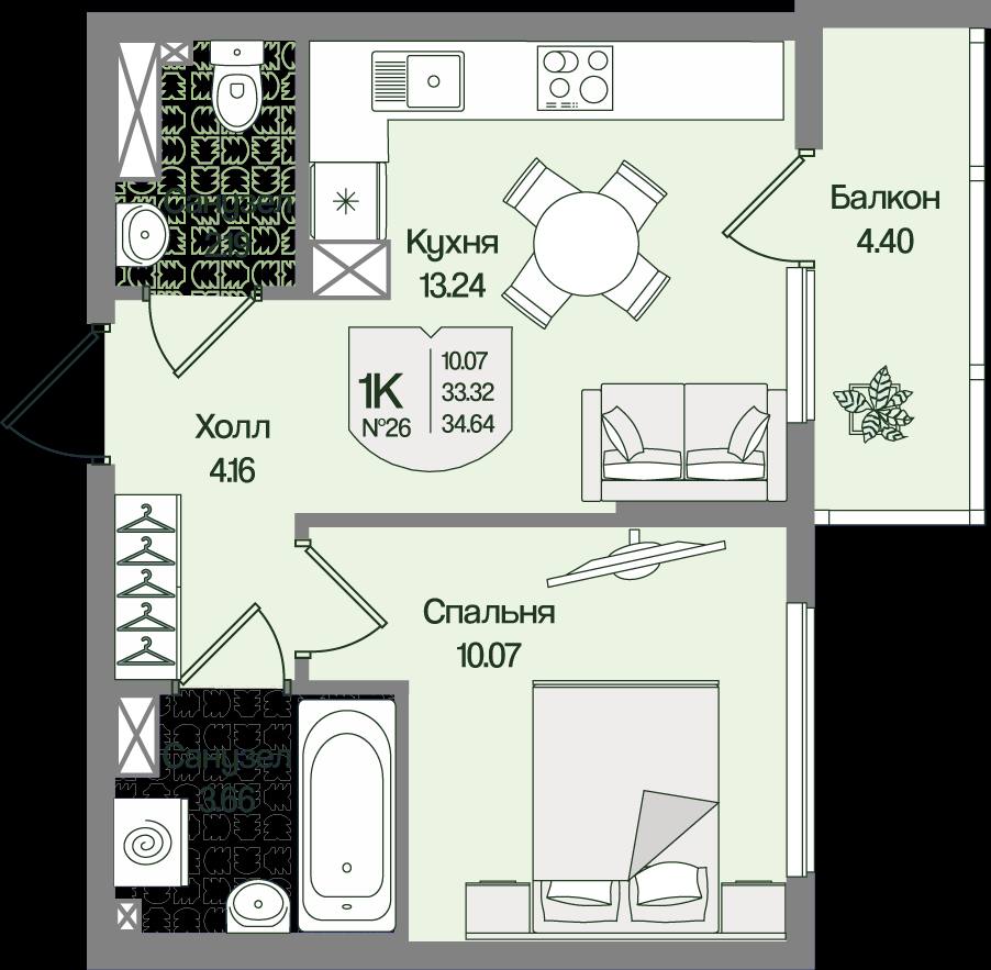 Планировка 1-комн. 34.64 м²