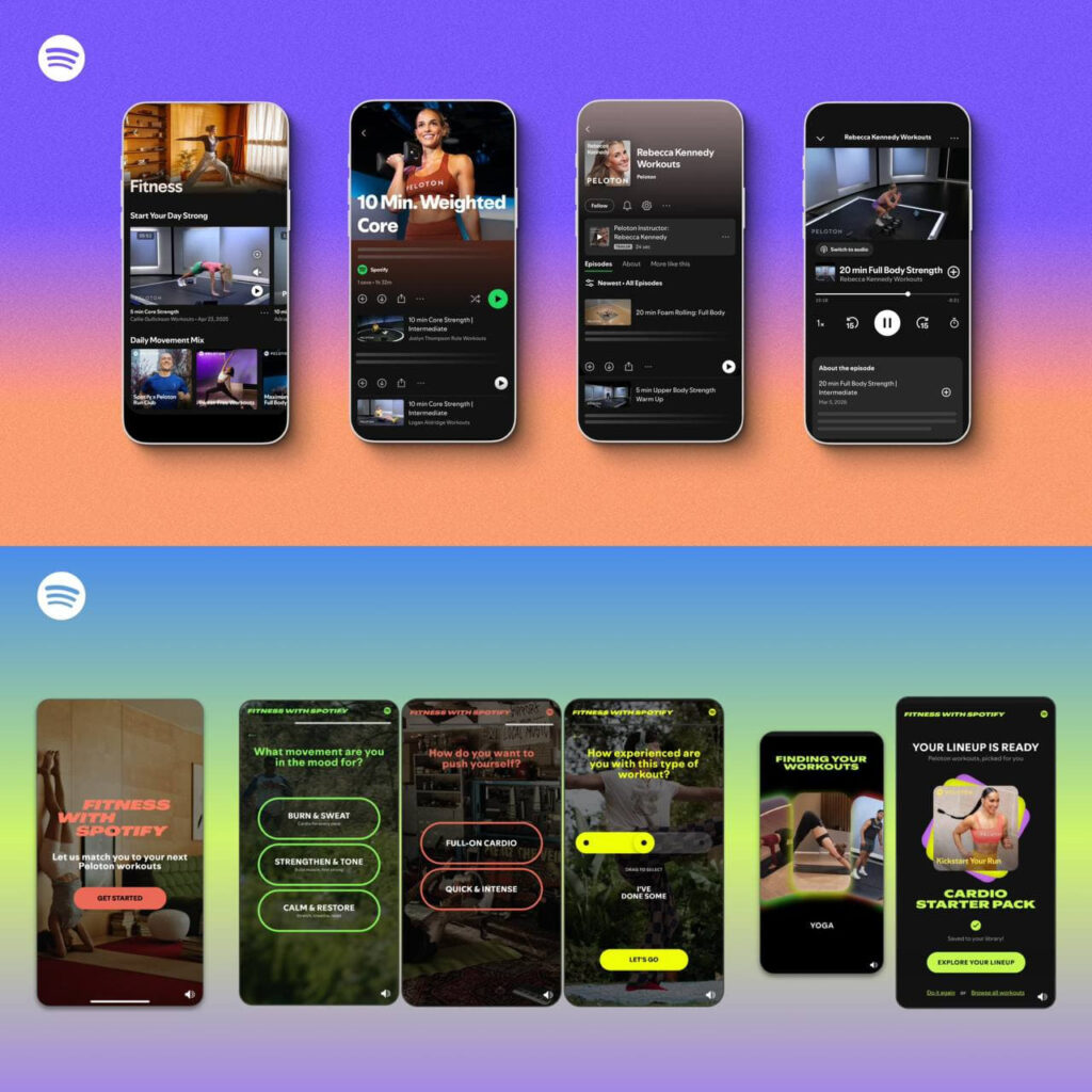 Предпросмотр фитнес-приложения Spotify на смартфонах.