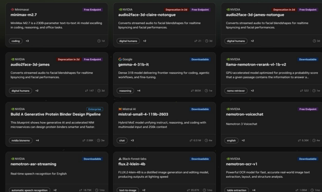 Изображение с интерфейсом платформы AI моделей, включая Minimaxi и NVIDIA для распознавания речи.