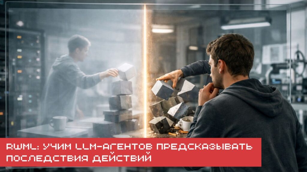 Человек перед барьером общается с отражением; тема: обучение ИИ предсказывать действия.