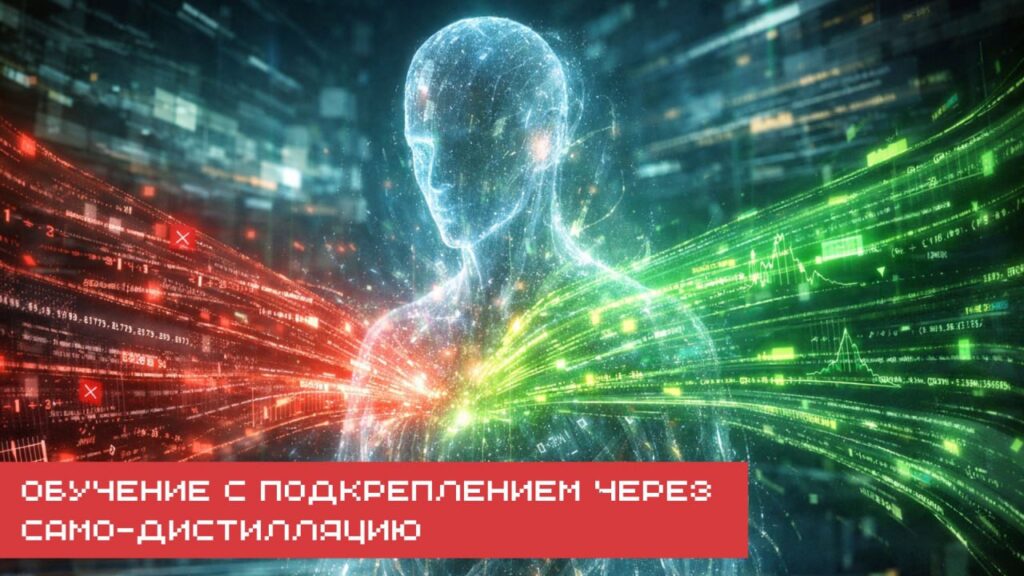 Человекоподобный силуэт с цифровыми данными, надпись: обучение с подкреплением.