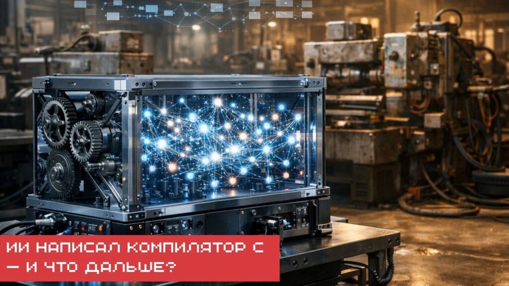 Компилятор C в виде сложного механизма на фоне индустриального цеха.
