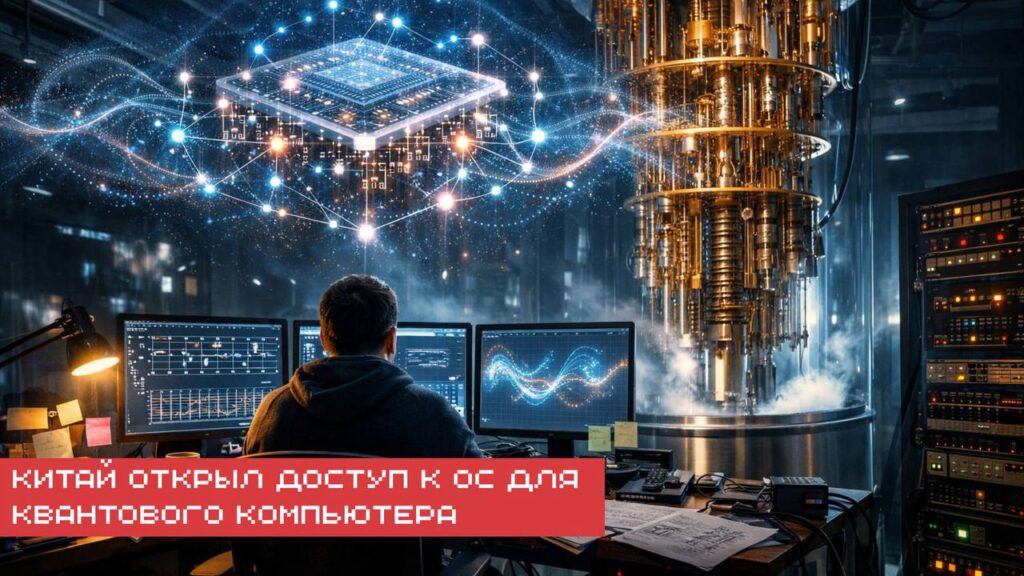 Квантовый компьютер в лаборатории, инженер работает за компьютерами, Китай открыл ОС.