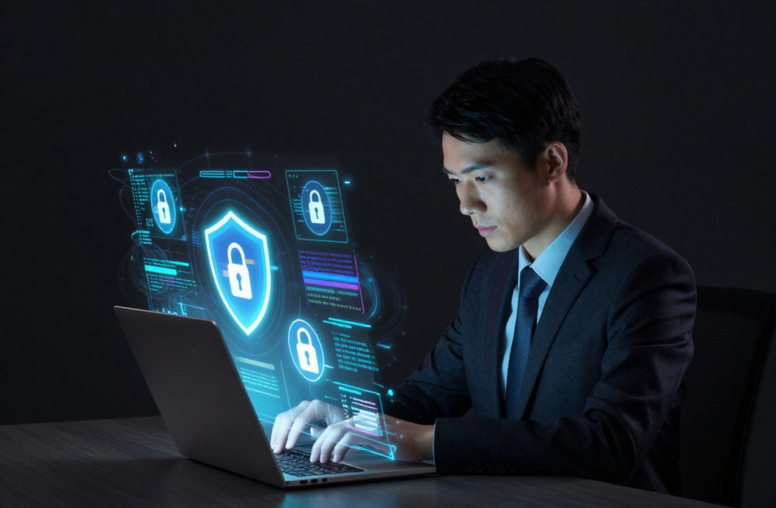 Человек за ноутбуком, концепция кибербезопасности, защитные символы на экране.