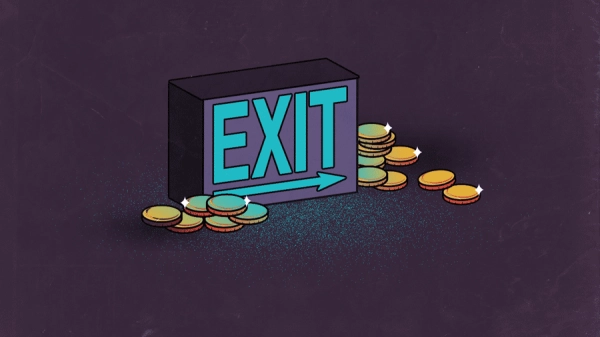 Изображение со словом "EXIT" и монетами на темном фоне.