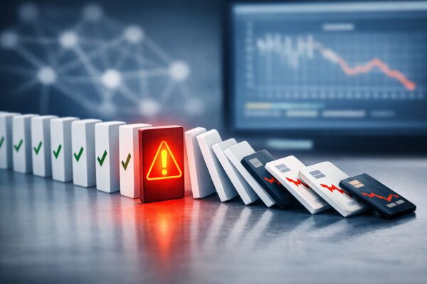 Падение домино с предупреждением и графиком на экране; концепция риска и финансового кризиса.